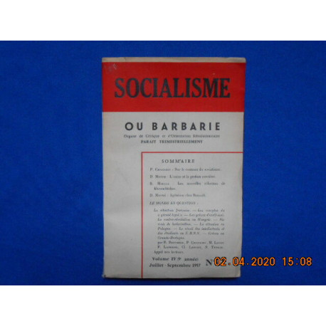 Revue. SOCIALISME OU BARBARIE. N°22. Organe de Critique et...